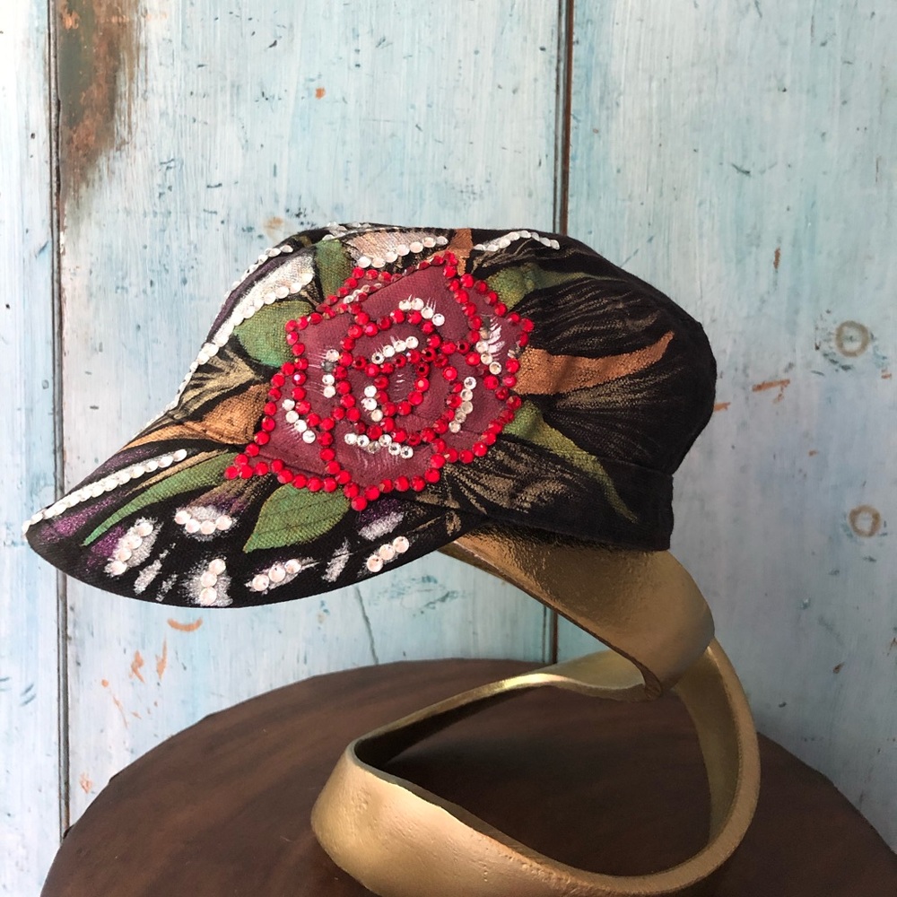 Trucker hat embellished with metallic paint, crystals, and beads - adjustable - Picture 2 of 15